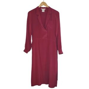 Vintage JACK MULQUEEN Silk Wrap Midi Dress Burgundy Long Sleeve Tie Waist Size 8